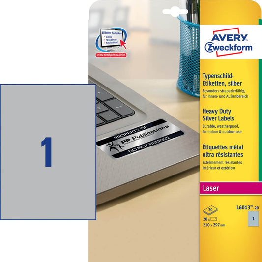 AVERY Zweckform Typenschildetiketten silber 210,0 x 297,0 mm | L6013-20 | 1 Pack = 20 Blatt