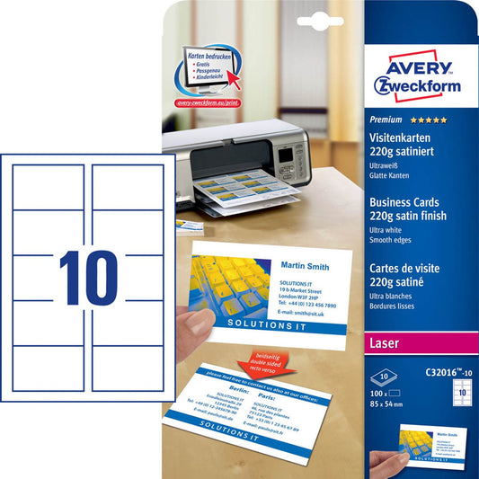 AVERY Zweckform Visitenkarten satiniert weiß 220 g/qm | C32016-10 | 1 Pack = 100 St.