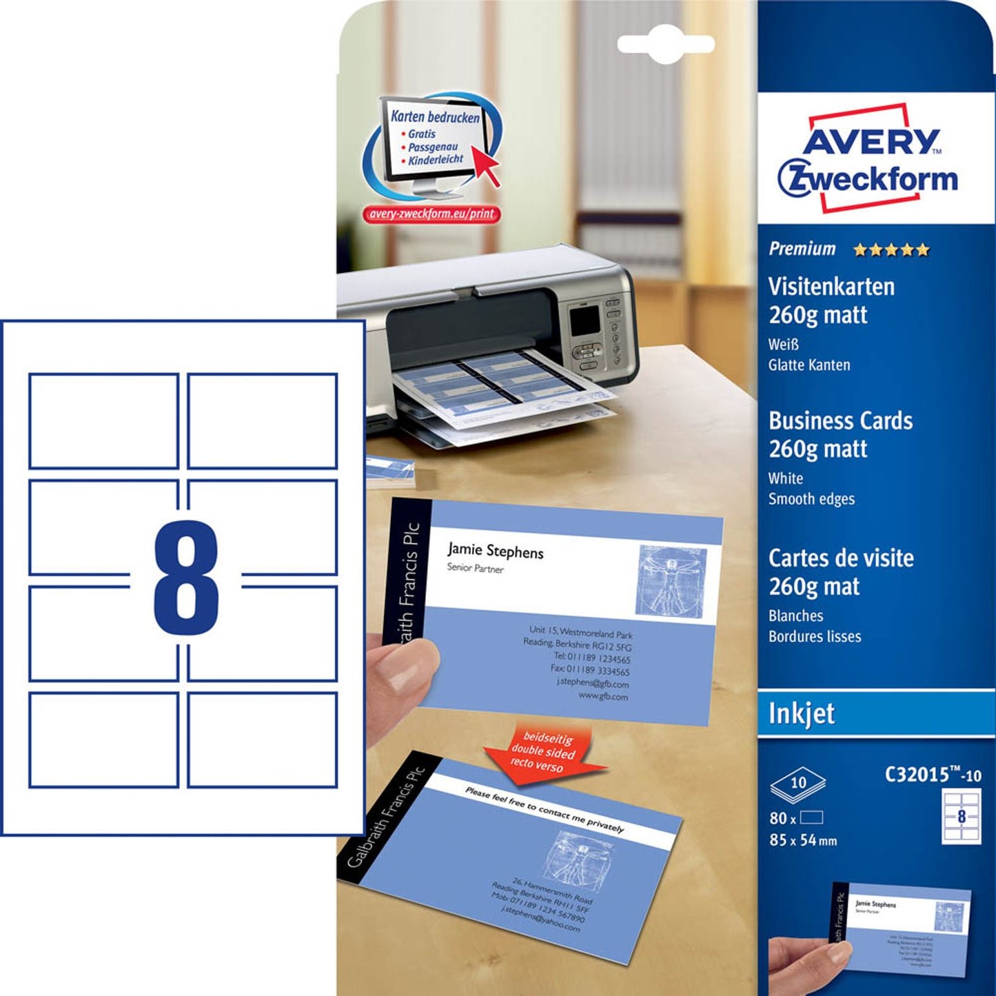 AVERY Zweckform Visitenkarten matt weiß 260 g/qm | C32015-10 | 1 Pack = 80 St.