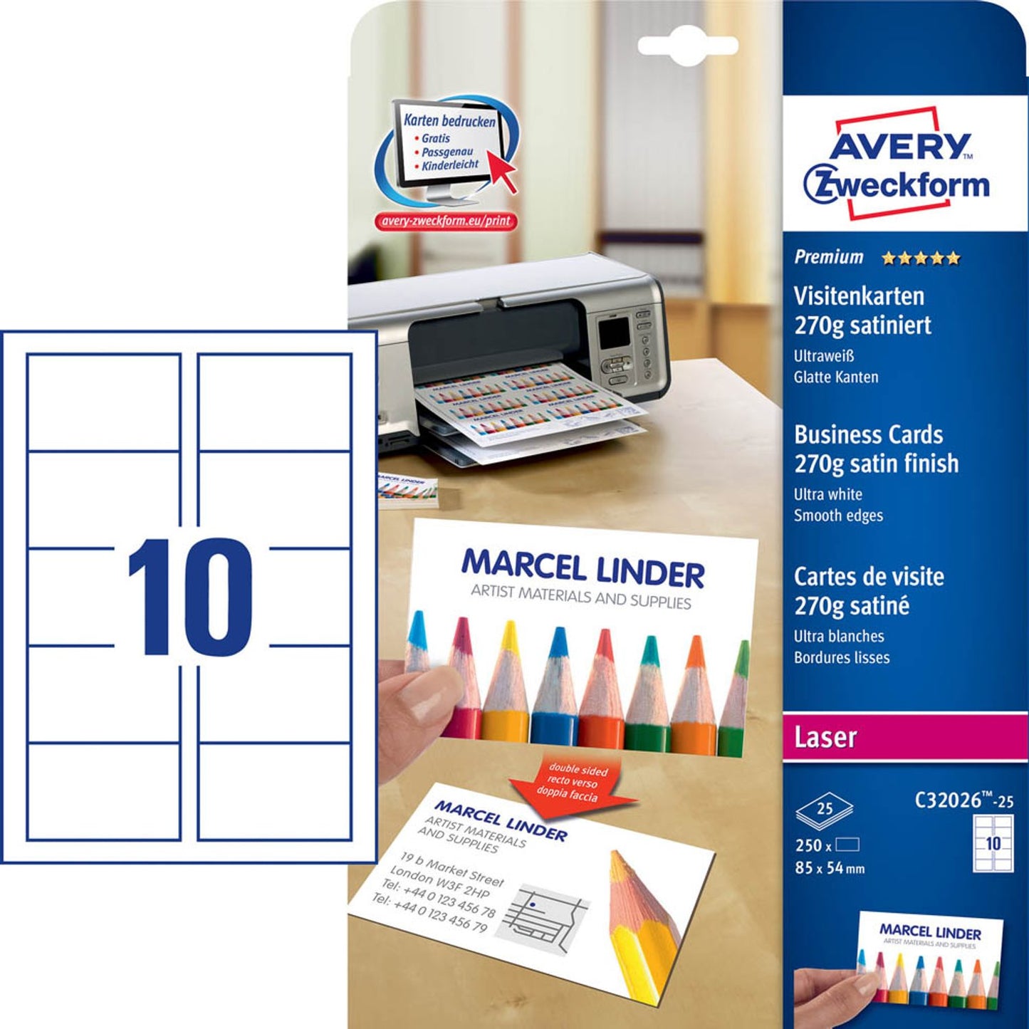 AVERY Zweckform Visitenkarten satiniert weiß 270 g/qm | C32026-25 | 1 Pack = 250 St.