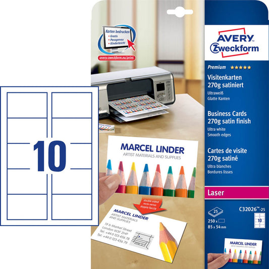 AVERY Zweckform Visitenkarten satiniert weiß 270 g/qm | C32026-25 | 1 Pack = 250 St.