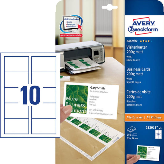 AVERY Zweckform Visitenkarten matt weiß 200 g/qm | C32011-25 | 1 Pack = 250 St.