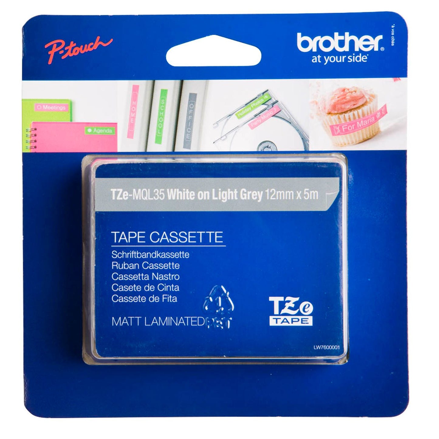 brother Schriftband TZe-MQL35 , 12 mm weiß auf grau | TZEMQL35
